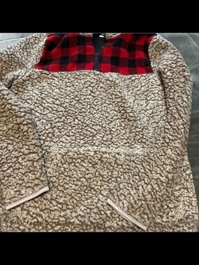 Cozy Sherpa Pullover with Red Black Buffalo Plaid Yoke
